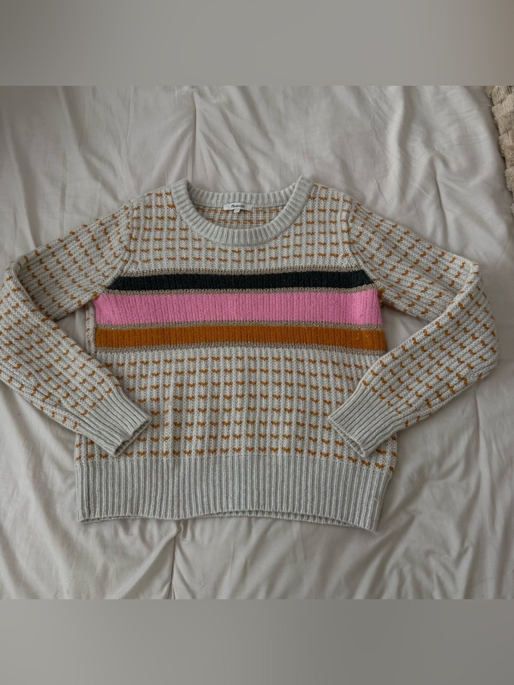 Madewell Cream Crewneck Sweater with Pink, Mustard & Black Stripes size S